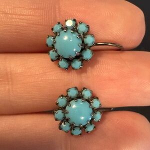 Teal Flower Drop Earrings - Stone Floral Design